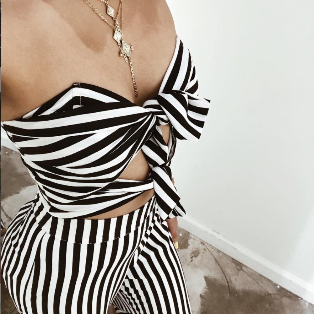 Black & White Striped Tie Front Strapless …